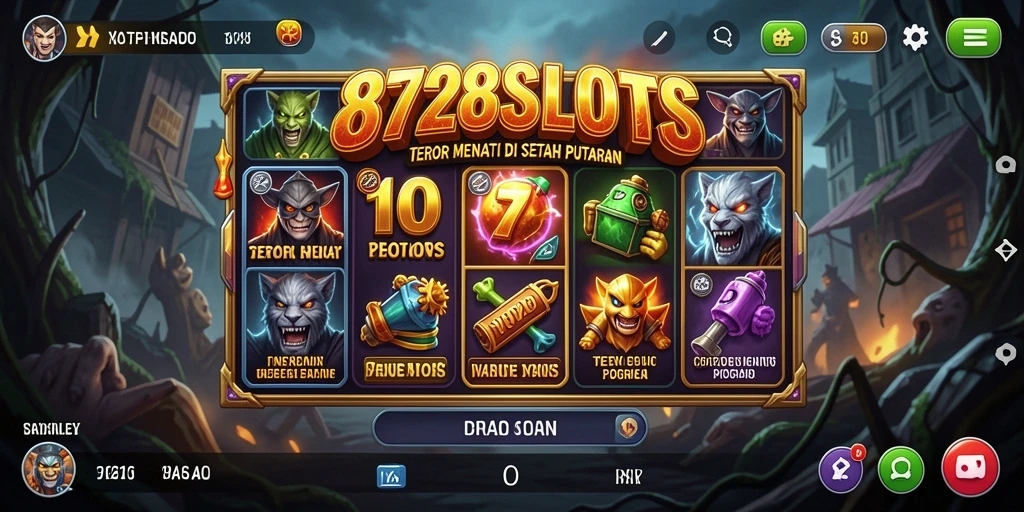 Tampilan gameplay <strong>8728SLOTS</strong> yang menegangkan dengan efek horor yang menakutkan.