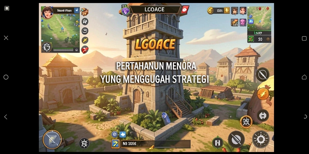 Screenshot gameplay LGOACE menampilkan pertahanan strategis menara yang intens.