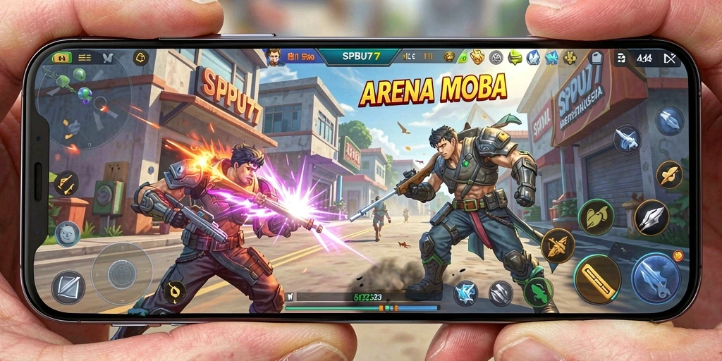 Tampilan gameplay seru dari SPBU77 yang memperlihatkan pertarungan karakter MOBA.